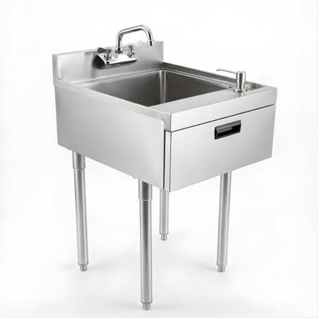 A low-angle perspective of a professional stainless steel floor trough system installed in a commercial kitchen. One section of the metal grate is partially lifted to show a perforated strainer basket with a flat crossbar handle placed within the drain to catch food debris. The background shows an industrial kitchen with stainless steel prep tables and gray tiled flooring.
