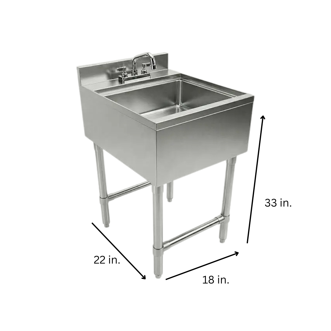Commercial Underbar Hand Sink Stainless Steel With Backsplash Faucet Included Nsf Single Bowl Bar Prep Sink 7 A Two-Quarter Perspective Of A Professional Stainless Steel Utility Sink On A White Background, Featuring Dimension Lines Indicating A Height Of 33 Inches, A Width Of 18 Inches, And A Depth Of 22 Inches. The Sink Includes A Single Deep Compartment, A Backsplash, And A Deck-Mounted Gooseneck Faucet.