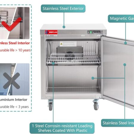Westlake Wktf-27B Under-Counter Commercial Freezer With Stainless Steel Finish And Casters.