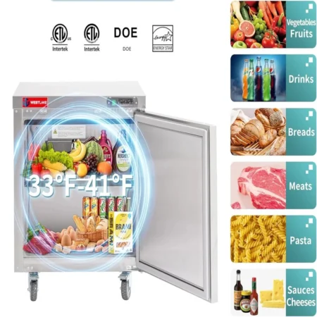 Westlake Wktr-27B Commercial Under-Counter Stainless Steel Refrigerator With Digital Display And Wheels