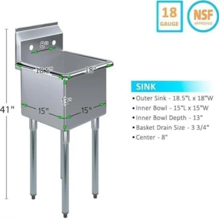 Imension-Diagram-Of-An-18-Gauge-Nsf-Approved-Single-Compartment-Stainless-Steel-Commercial-Sink-Measuring-18-Point-5-Inches-Long-With-A-15-By-15-Inch-Inner-Bowl