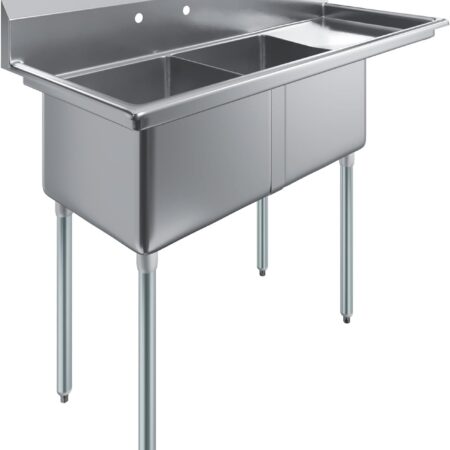 Two-Compartment-Stainless-Steel-Commercial-Sink-With-Right-Side-Drainboard-And-Adjustable-Galvanized-Legs