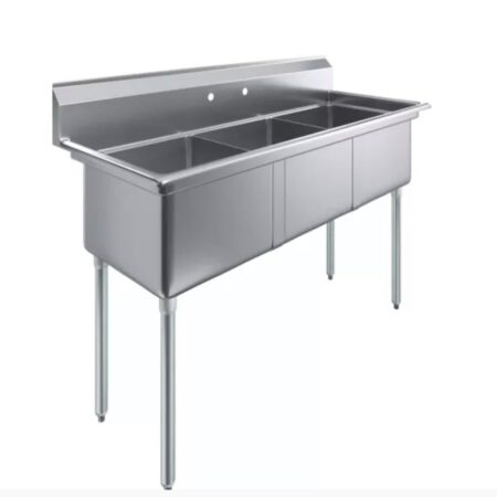 59-inch wide three compartment stainless steel commercial kitchen prep and utility sink with tall backsplash and adjustable legs