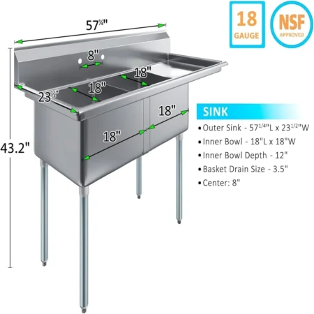 Dimension-Diagram-Of-An-18-Gauge-Nsf-Approved-Two-Compartment-Commercial-Sink-Measuring-57-And-One-Quarter-Inches-Long-With-A-Right-Side-Drainboard