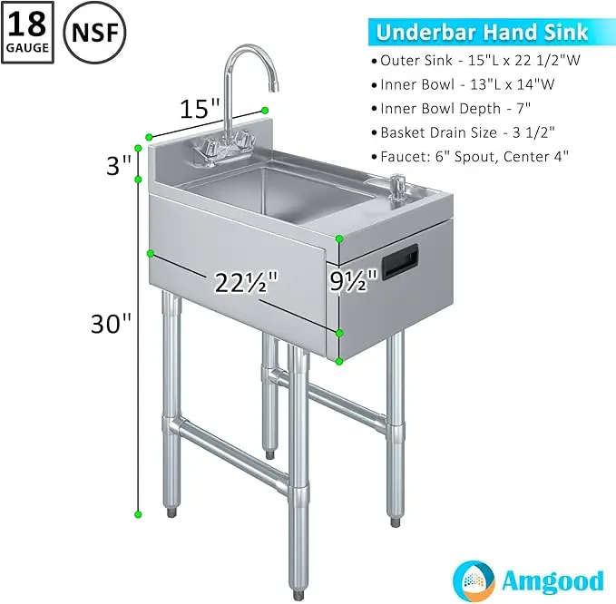 Stainless Steel Underbar Hand Sink With Soap And Towel Dispensers Bowl Faucet And Drain Basket 7 A Technical Product Diagram Of An 18-Gauge Nsf-Certified Stainless Steel Underbar Hand Sink. The Image Includes Green Dimension Lines Indicating A 30-Inch Leg Height, A 3-Inch Backsplash, A 15-Inch Width, And A 22 1/2-Inch Depth. A Feature List On The Right Specifies A 7-Inch Bowl Depth, A 3 1/2-Inch Basket Drain, And A 6-Inch Gooseneck Faucet. The Sink Is Shown In A Two-Quarter Perspective With An Integrated Soap Dispenser And A Front Apron Featuring A Recessed Black Handle.