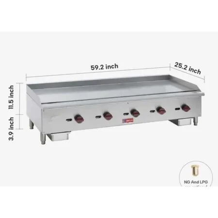 Commercial Gas Griddle 60 Inch 5-Burner Stainless Steel Countertop Grill For Restaurant Kitchen