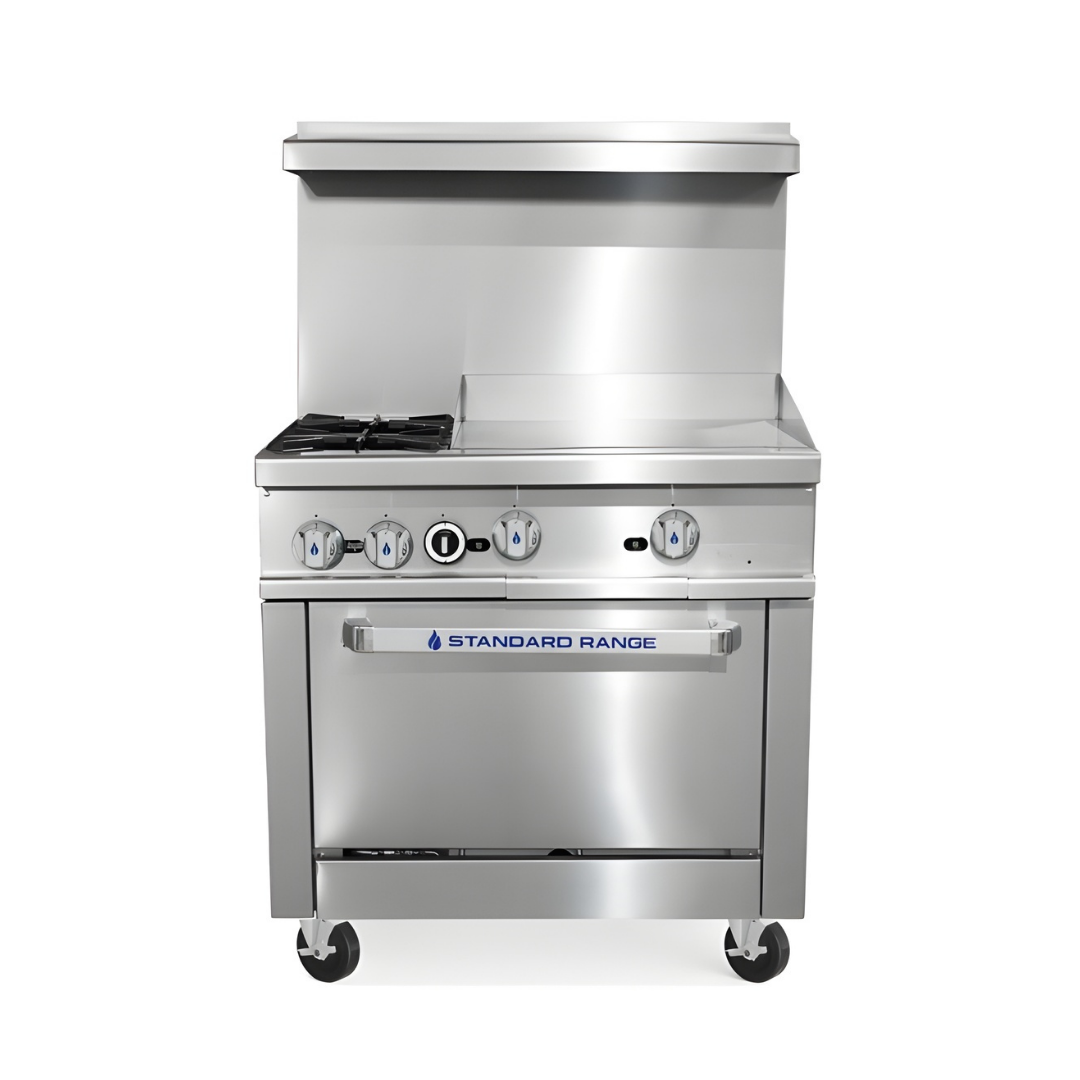 Standard Range Sr-R36-24Mg-Ng 36&Quot; Natural Gas Commercial Range With 2 Burners 24&Quot; Griddle Top 1 Oven - 153,000 Btu 1 A Stainless Steel Commercial Kitchen Range On Casters Featuring A Combination Cooktop With Two Gas Burners On The Left And A Flat-Top Griddle On The Right. The Control Panel Includes Burner Knobs And A Central Thermostat Dial, Positioned Above An Oven Door Labeled &Quot;Standard Range.&Quot;