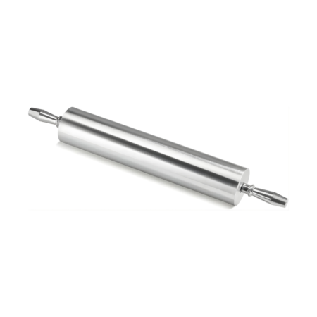 A heavy-duty stainless steel rolling pin with a polished finish and ergonomic, contoured handles, shown in a two-quarter perspective against a plain white background.