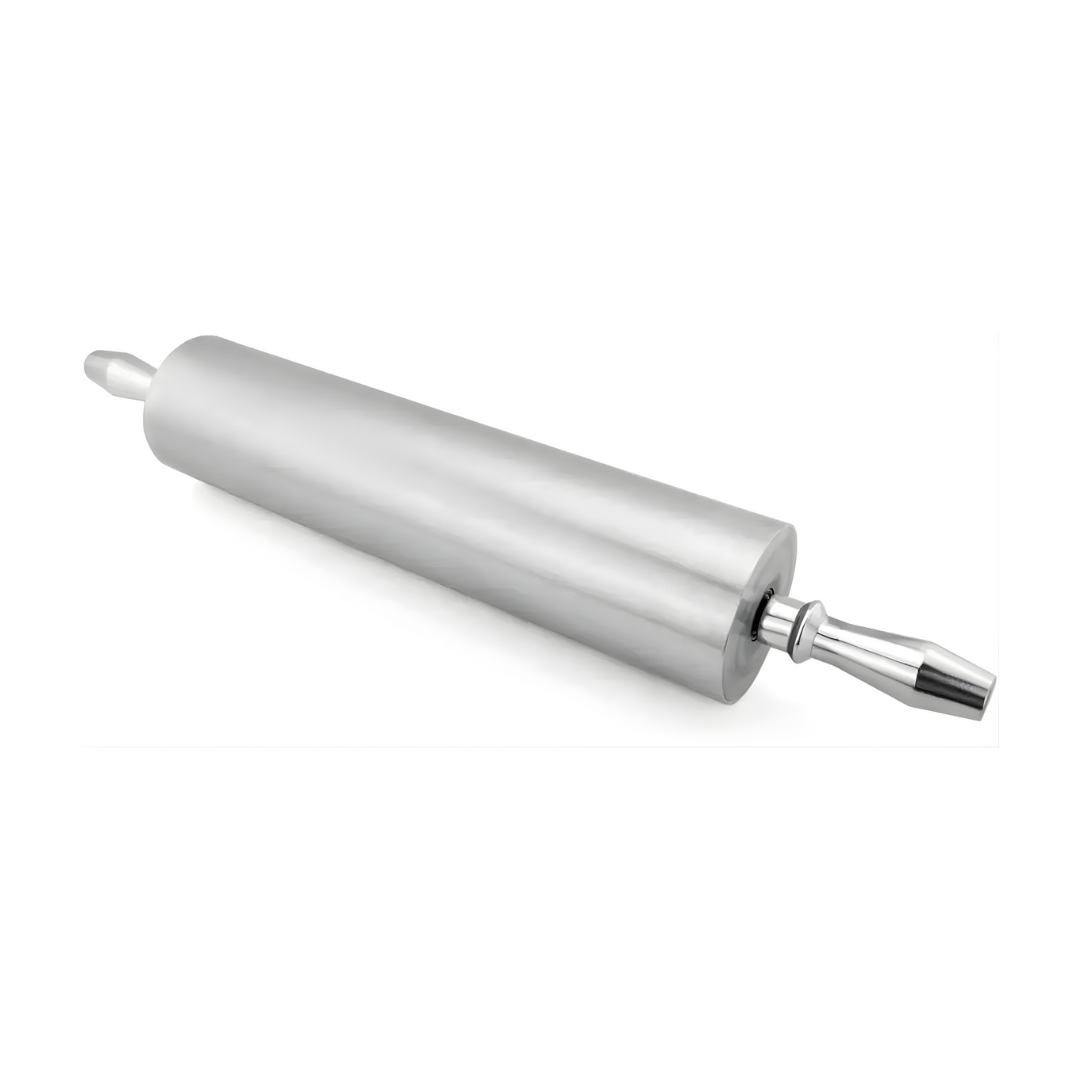 18&Quot; Aluminum Rolling Pin Extra Heavy Duty Commercial Bakery Dough Roller Pizza 3 A Professional-Grade Stainless Steel Rolling Pin With A Satin Finish And Polished Contoured Handles, Shown In A Two-Quarter Perspective On A White Background.