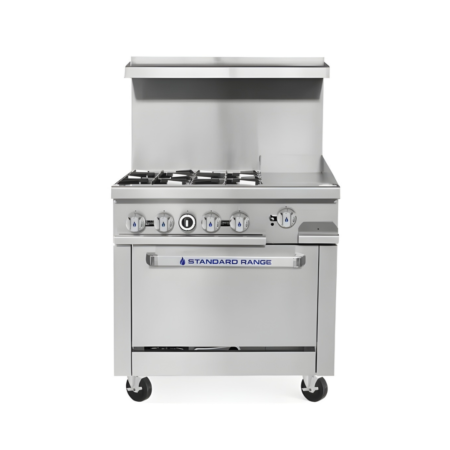 A stainless steel commercial kitchen range on casters featuring a combination cooktop with gas burners on the left and a flat-top griddle on the right. The control panel includes multiple burner knobs and a thermostat dial, positioned above an oven door labeled 