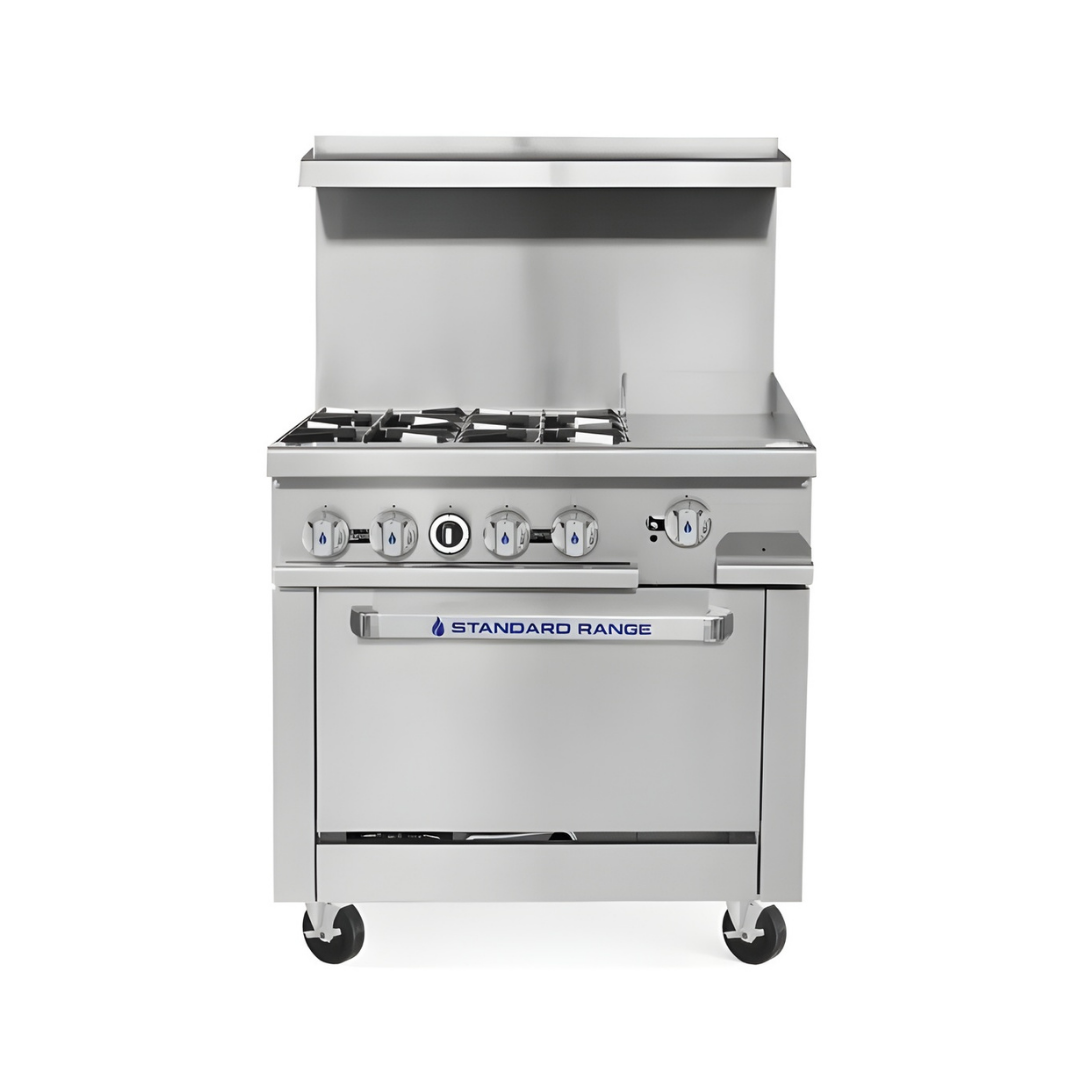 Standard Range Sr-R36-12Mg-Ng 36&Quot; Natural Gas Commercial Range With 4 Burners 12&Quot; Griddle Top 1 Oven 153,000 Btu 1 A Stainless Steel Commercial Kitchen Range On Casters Featuring A Combination Cooktop With Gas Burners On The Left And A Flat-Top Griddle On The Right. The Control Panel Includes Multiple Burner Knobs And A Thermostat Dial, Positioned Above An Oven Door Labeled &Quot;Standard Range.&Quot;