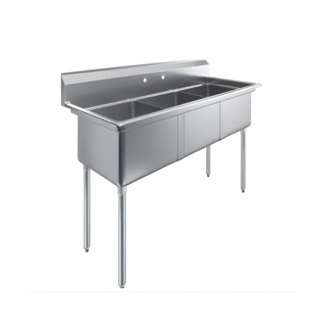 A two-quarter perspective view of a heavy-duty three-compartment stainless steel commercial sink featuring a high backsplash with pre-drilled faucet holes and four adjustable galvanized legs, isolated on a white background.