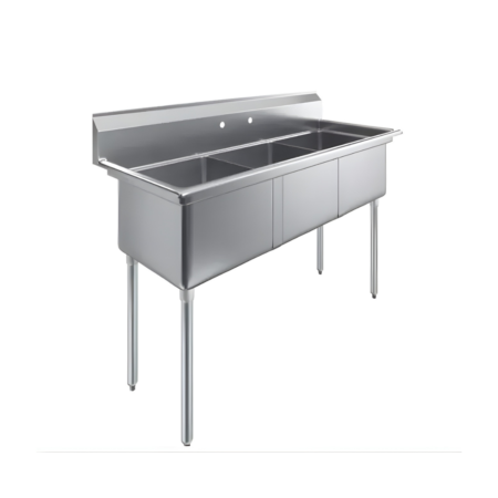 A two-quarter perspective view of a three-compartment commercial sink made of polished stainless steel, featuring a high backsplash with two pre-drilled faucet holes and four adjustable galvanized legs, isolated on a white background.