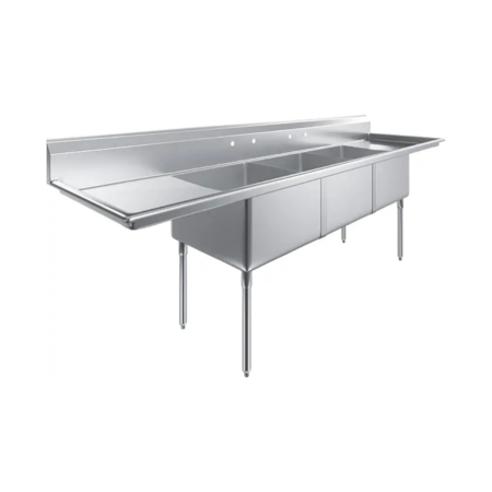 A two-quarter perspective view of a long three-compartment stainless steel commercial sink featuring integrated left and right-side drainboards. The unit includes a high backsplash with two pre-drilled faucet holes and is supported by four galvanized legs with adjustable bullet feet, isolated on a white background.