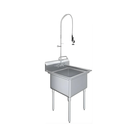 Stainless Steel Commercial Sink with Pre-Rinse Faucet Assembly – Deep Bowl, One Compartment Kitchen Sink, 18 Gauge 304 Stainless Steel, NSF