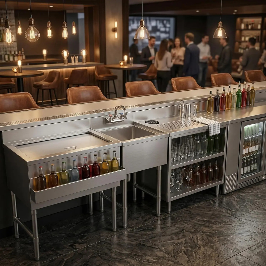 Commercial Underbar Hand Sink Stainless Steel With Backsplash Faucet Included Nsf Single Bowl Bar Prep Sink 6 A Two-Quarter Perspective Of A Comprehensive Stainless Steel Underbar Workstation In A Sophisticated, Dimly Lit Cocktail Lounge. The Modular Setup Includes An Insulated Ice Bin With A Built-In Speed Rail, A Single-Compartment Utility Sink With A Deck-Mounted Gooseneck Faucet, An Open Shelving Unit For Glassware, And A Built-In Back Bar Refrigerator, All Integrated Seamlessly Into A Professional Bar Environment With Warm Edison Bulb Lighting.