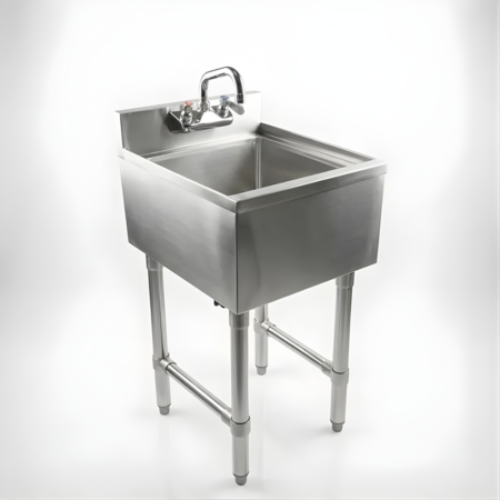 A professional-grade stainless steel utility sink with a single deep bowl, backsplash, and a deck-mounted gooseneck faucet, shown in a two-quarter perspective with reinforced legs and cross-bracing on a white background.