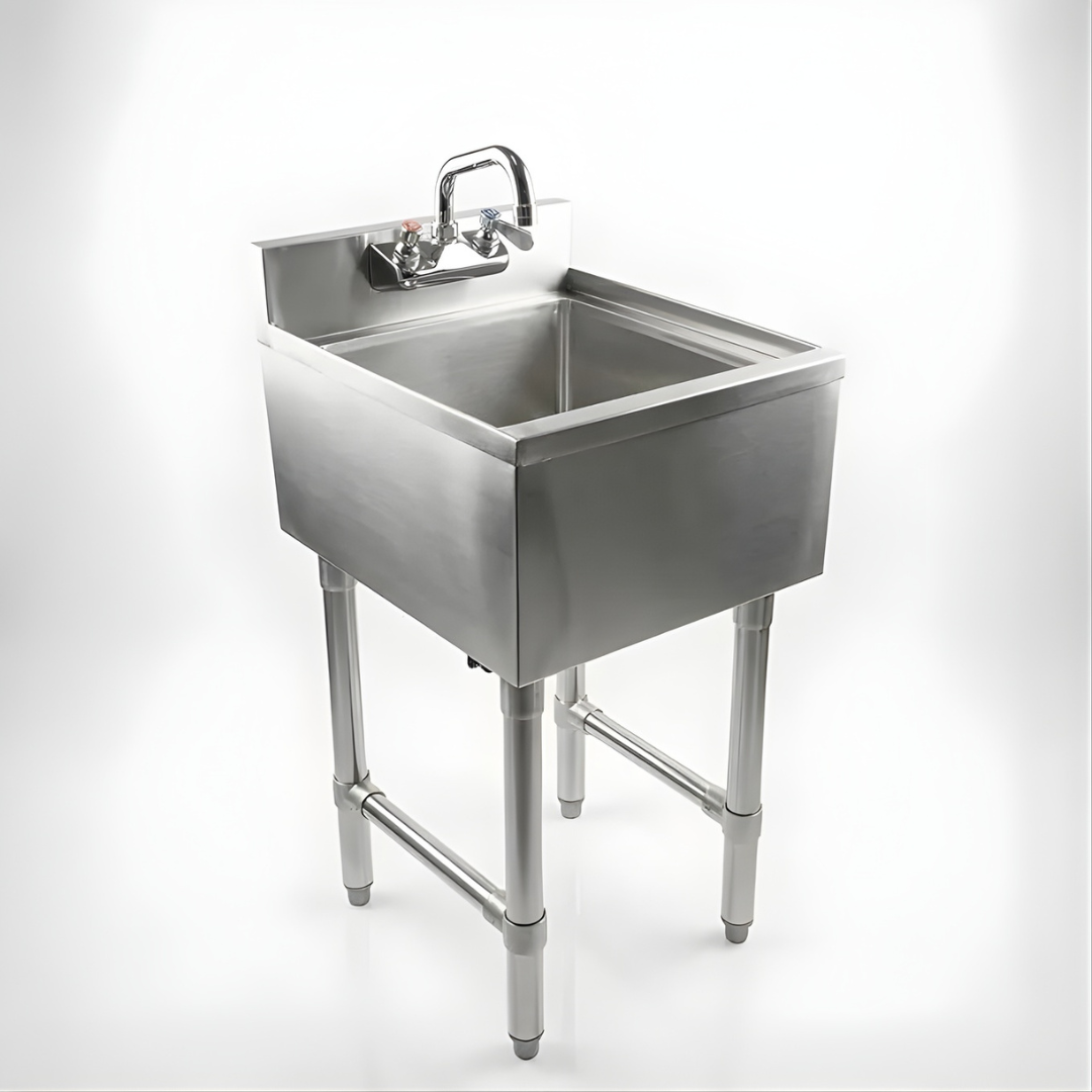 Commercial Underbar Hand Sink Stainless Steel With Backsplash Faucet Included Nsf Single Bowl Bar Prep Sink 1 A Professional-Grade Stainless Steel Utility Sink With A Single Deep Bowl, Backsplash, And A Deck-Mounted Gooseneck Faucet, Shown In A Two-Quarter Perspective With Reinforced Legs And Cross-Bracing On A White Background.
