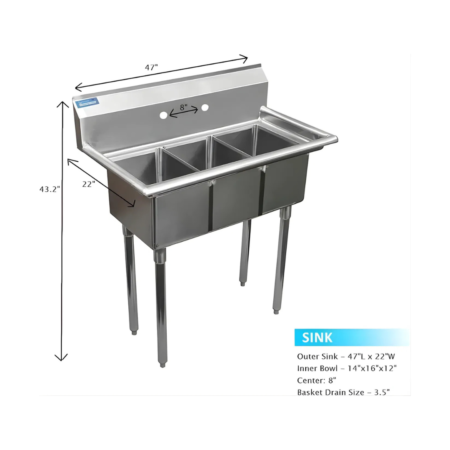 A technical dimensional diagram of a three-compartment stainless steel commercial sink shown from a two-quarter perspective. The image features black measurement arrows indicating a 47-inch length, 22-inch width, and 43.2-inch total height. A specification table details 14x16x12-inch inner bowls, 8-inch faucet centers, and a 3.5-inch basket drain size.