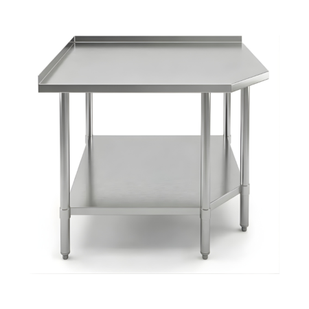 A three-quarter perspective studio shot of a stainless steel filler table designed for corner placement. The unit features a pentagonal-shaped top with a small rear backsplash, a matching adjustable undershelf, and five sturdy circular legs with adjustable bullet feet. The table is shown against a clean white background, highlighting its brushed metallic finish and industrial construction.