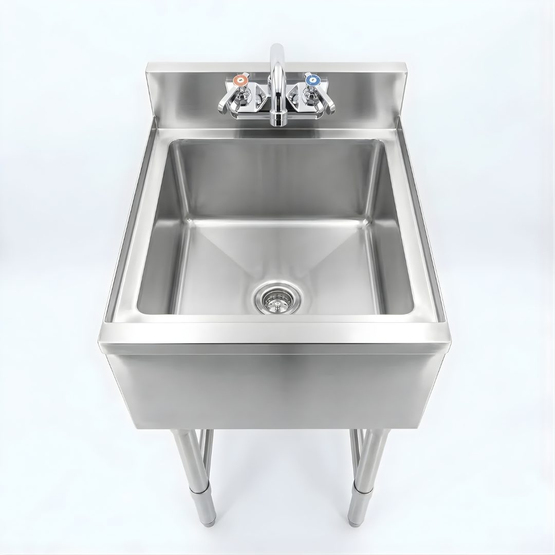 Commercial Underbar Hand Sink Stainless Steel With Backsplash Faucet Included Nsf Single Bowl Bar Prep Sink 3 A High-Angle Top-Down View Of A Professional Single-Compartment Stainless Steel Utility Sink, Highlighting The Deep Bowl, Central Drain With Strainer, And Deck-Mounted Faucet With Color-Coded Handles On A White Background.