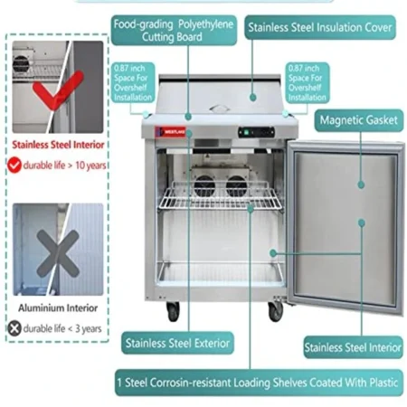 Westlake Wksr-27Bm 27-Inch Refrigerated Sandwich Prep Table With Stainless Steel Finish And Casters