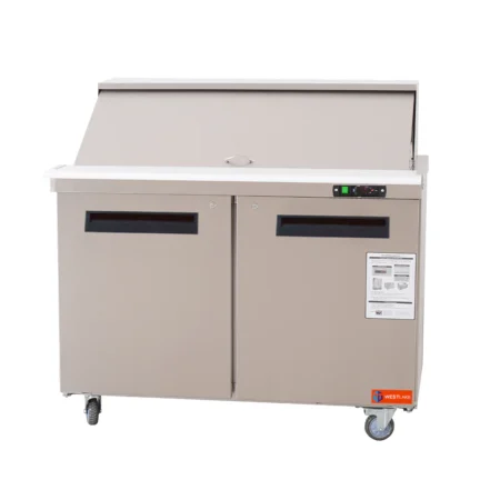 Westlake Wksr 48Bm 48 Inch Mega Top Salad And Sandwich Prep Table With Open Door Showing Interior Shelving 4 1