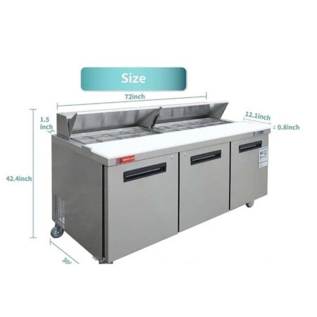 Westlake Wksr-72B 72-Inch 3-Door Commercial Sandwich Prep Table With Stainless Steel Finish.