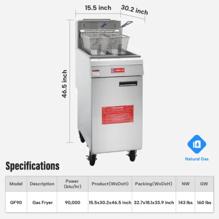 Westlake GF90, Natural Gas Fryer, Commercial Deep Fryer, 40lb Fryer, Restaurant Frying Equipment, 90000 BTU Fryer