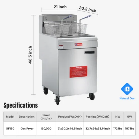 Westlake GF150, Commercial Gas Fryer, 70 lb Deep Fryer, Natural Gas Fryer, Restaurant Kitchen Equipment, High Output Deep Fryer