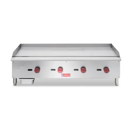 48 Inch Gas Griddle, Commercial Countertop Grill, 4 Burner Gas Griddle, Restaurant Plate Grill, Stainless Steel Griddle, 120000 Btu Gas Grill, Industrial Kitchen Griddle, Professional Cooking Equipment.