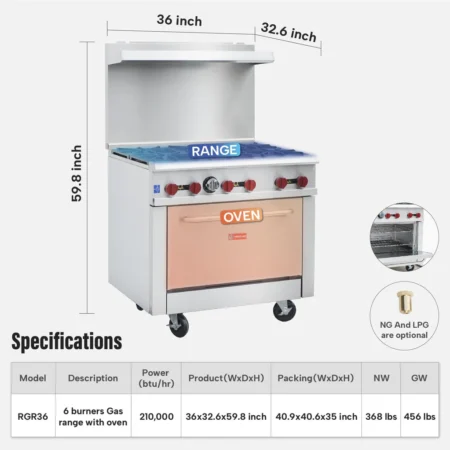 Westlake RGR36 36-inch 6-burner commercial gas range with oven