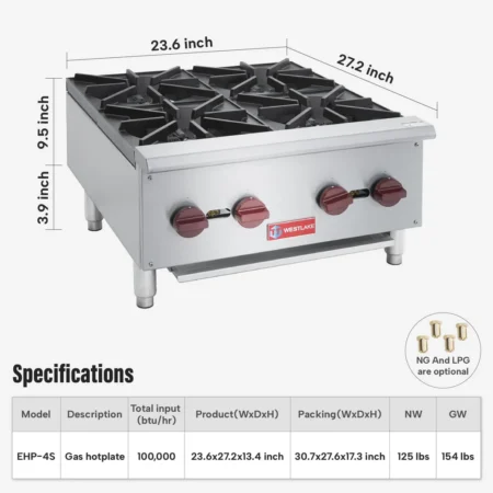 Westlake EHP-4S 4-Burner Countertop Gas Hot Plate with stainless steel finish