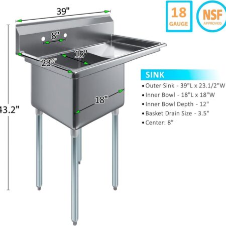 Dimension Diagram Of An 18 Gauge Nsf Approved Single Compartment Stainless Steel Commercial Sink Measuring 39 Inches Long With A Right Side Drainboard And An 18 By 18 Inch Inner Bowl