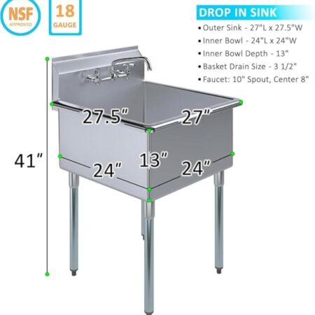 Dimension-Diagram-Of-An-18-Gauge-Nsf-Approved-Single-Compartment-Stainless-Steel-Drop-In-Utility-Sink-Measuring-27-Inches-Long-With-A-24-By-24-Inch-Inner-Bowl-And-Included-Chrome-Faucet