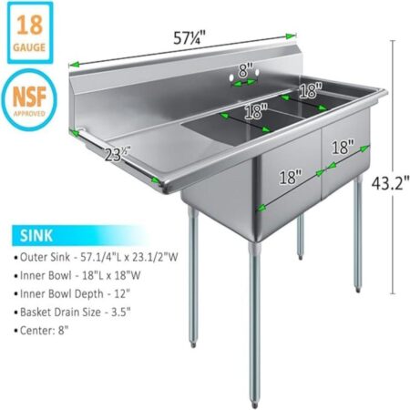 Dimension-Diagram-Of-An-18-Gauge-Nsf-Approved-Two-Compartment-Commercial-Sink-Measuring-57-And-One-Quarter-Inches-Long-With-A-Left-Side-Drainboard