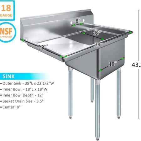 Nsf Approved 18 Gauge Stainless Steel Commercial Sink With One Bowl And Left Drainboard Showing Dimensions With 18 Inch By 18 Inch Inner Bowl 39 Inch Outer Length 23.5 Inch