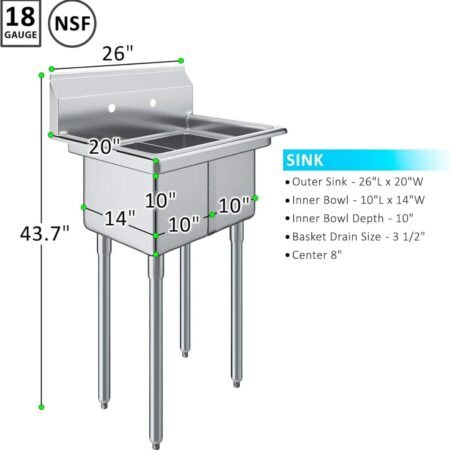 nsf-approved-18-gauge-stainless-steel-commercial-two-bowl-sink-showing-dimensions-with-10-inch-by-14-inch-inner-bowls-26-inch-outer-length-20-inch-width-and-43.7-inch-total-height