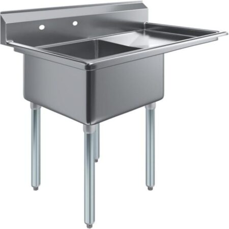 Side-View-Of-A-Single-Compartment-Stainless-Steel-Commercial-Sink-With-Right-Side-Drainboard-And-Adjustable-Galvanized-Legs