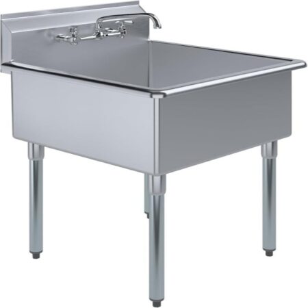 Single-Compartment-Stainless-Steel-Commercial-Utility-Sink-With-Chrome-Faucet-Backsplash-And-Adjustable-Galvanized-Legs