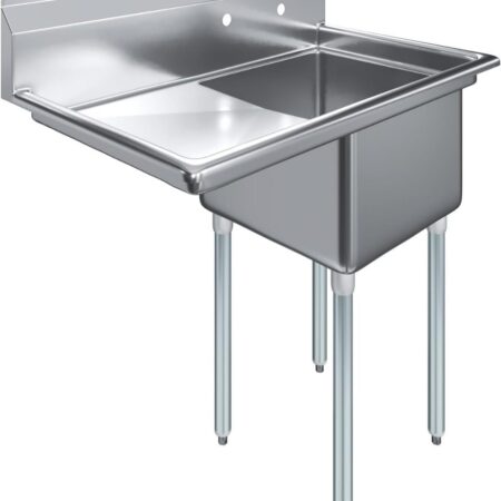 Stainless-Steel-Commercial-Utility-Sink-With-One-Bowl-And-A-Left-Side-Drainboard-Viewed-From-A-Front-Angle-Supported-By-Adjustable-Galvanized-Legs