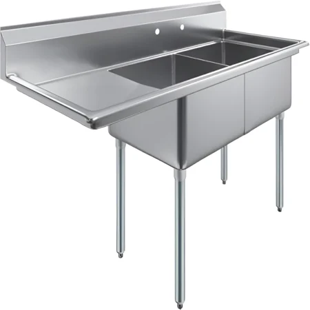 Two-Compartment-Stainless-Steel-Commercial-Sink-With-Left-Side-Drainboard-And-Adjustable-Bullet-Feet