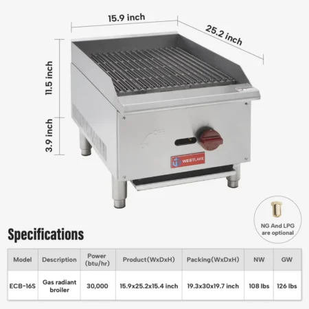 Westlake Ecb-24S 24 Inch Countertop Radiant Gas Charbroiler With Stainless Steel Finish