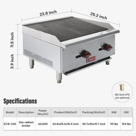 Westlake Ecb-24S 24 Inch Countertop Radiant Gas Charbroiler With Stainless Steel Finish