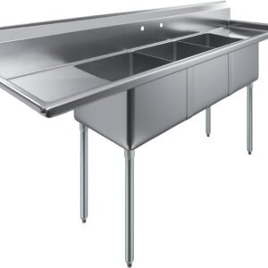 90" x 24" Stainless Steel 3 Compartment Prep & Utility Sink with Double Drainboards – 18" x 18" x 12" Bowls