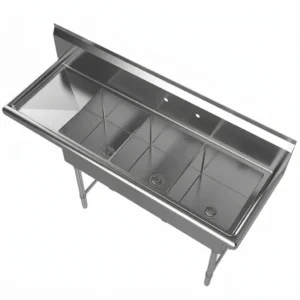 56" Stainless Steel Three Compartment Commercial Sink with Left Drainboard