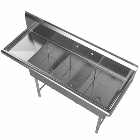 56" Stainless Steel Three Compartment Commercial Sink with Left Drainboard