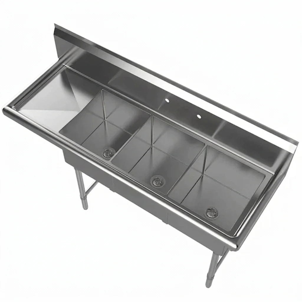 56&Quot; Stainless Steel 3 Compartment Commercial Sink With Left Drainboard 1 56 Stainless Steel Three Compartment Commercial Sin