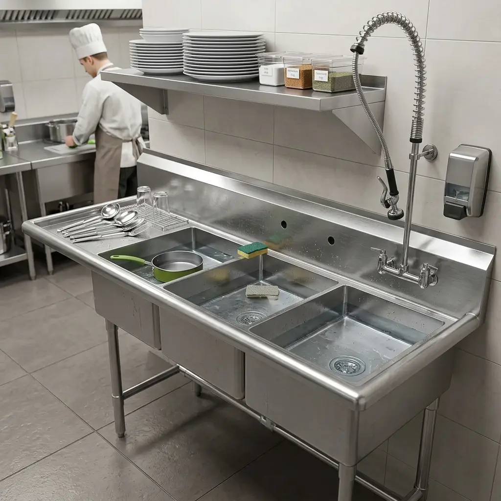 56&Quot; Stainless Steel 3 Compartment Commercial Sink With Left Drainboard 3 56&Quot; Stainless Steel 3 Compartment Commercial Sink With Left Drainboard - Image 3