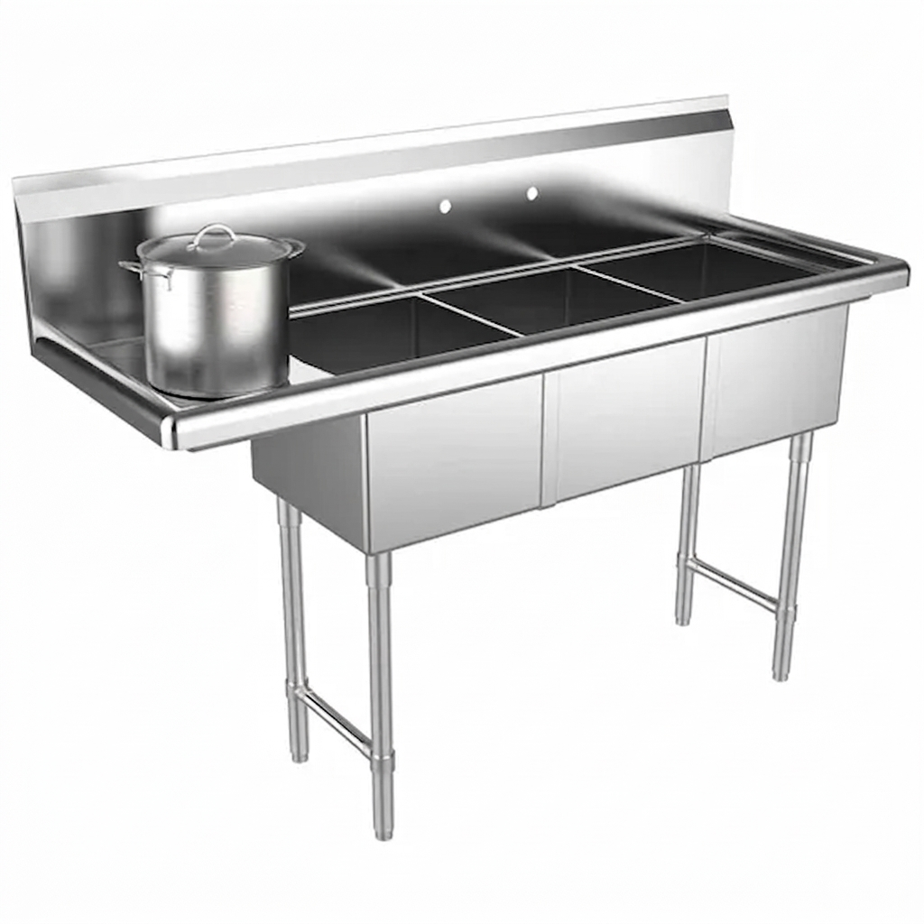56&Quot; Stainless Steel 3 Compartment Commercial Sink With Left Drainboard 5 56&Quot; Stainless Steel 3 Compartment Commercial Sink With Left Drainboard - Image 5